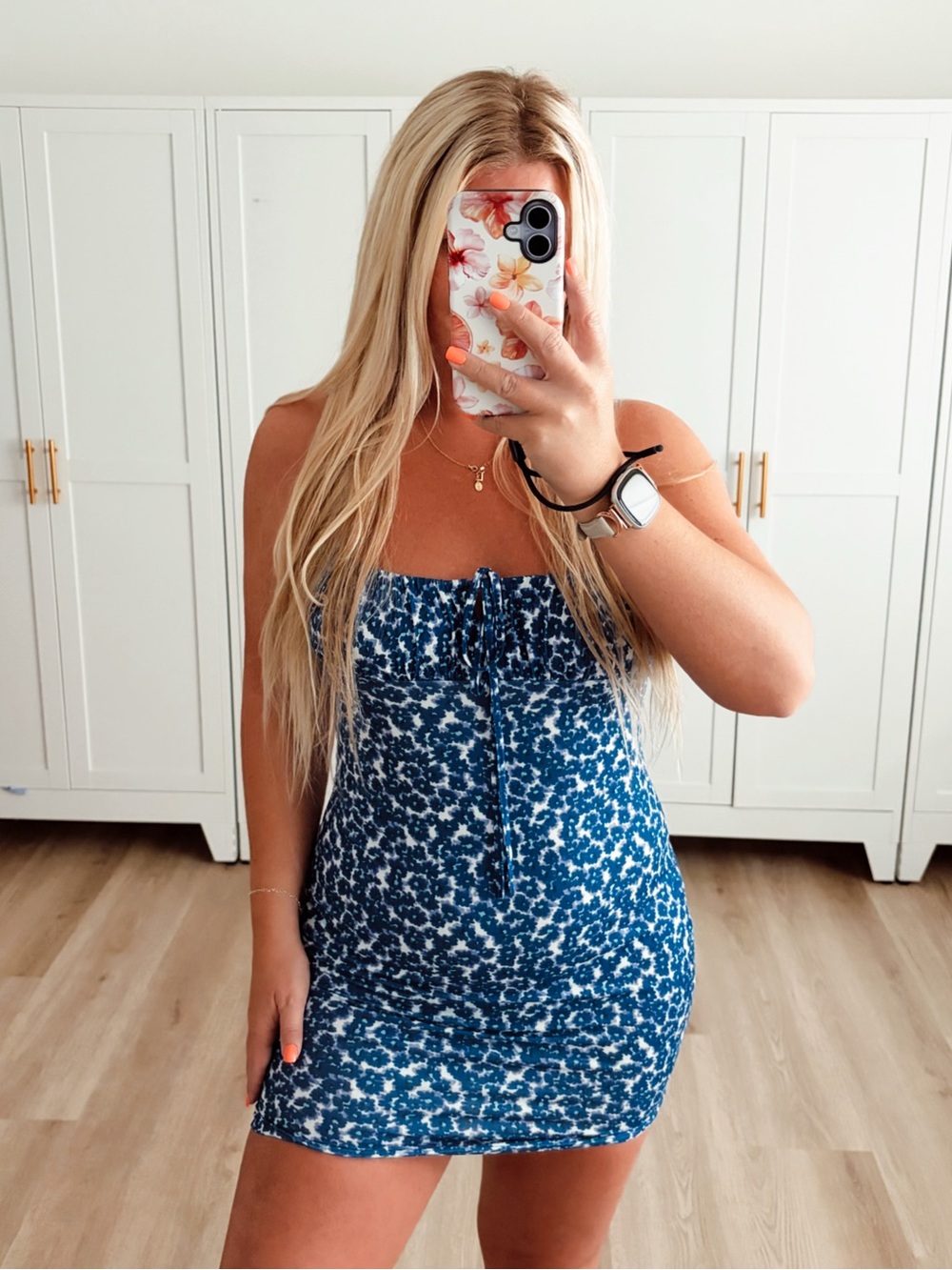 Blue purple and white floral body con mini dress
